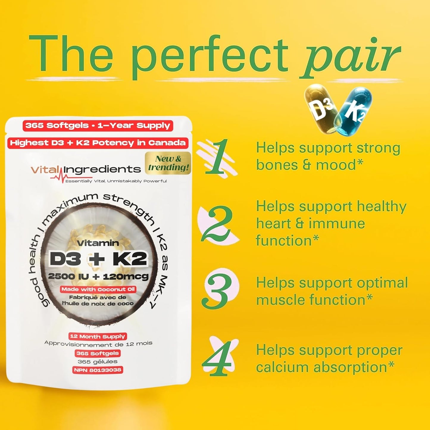 Vital Ingredients Vitamin D3 K2 Softgels