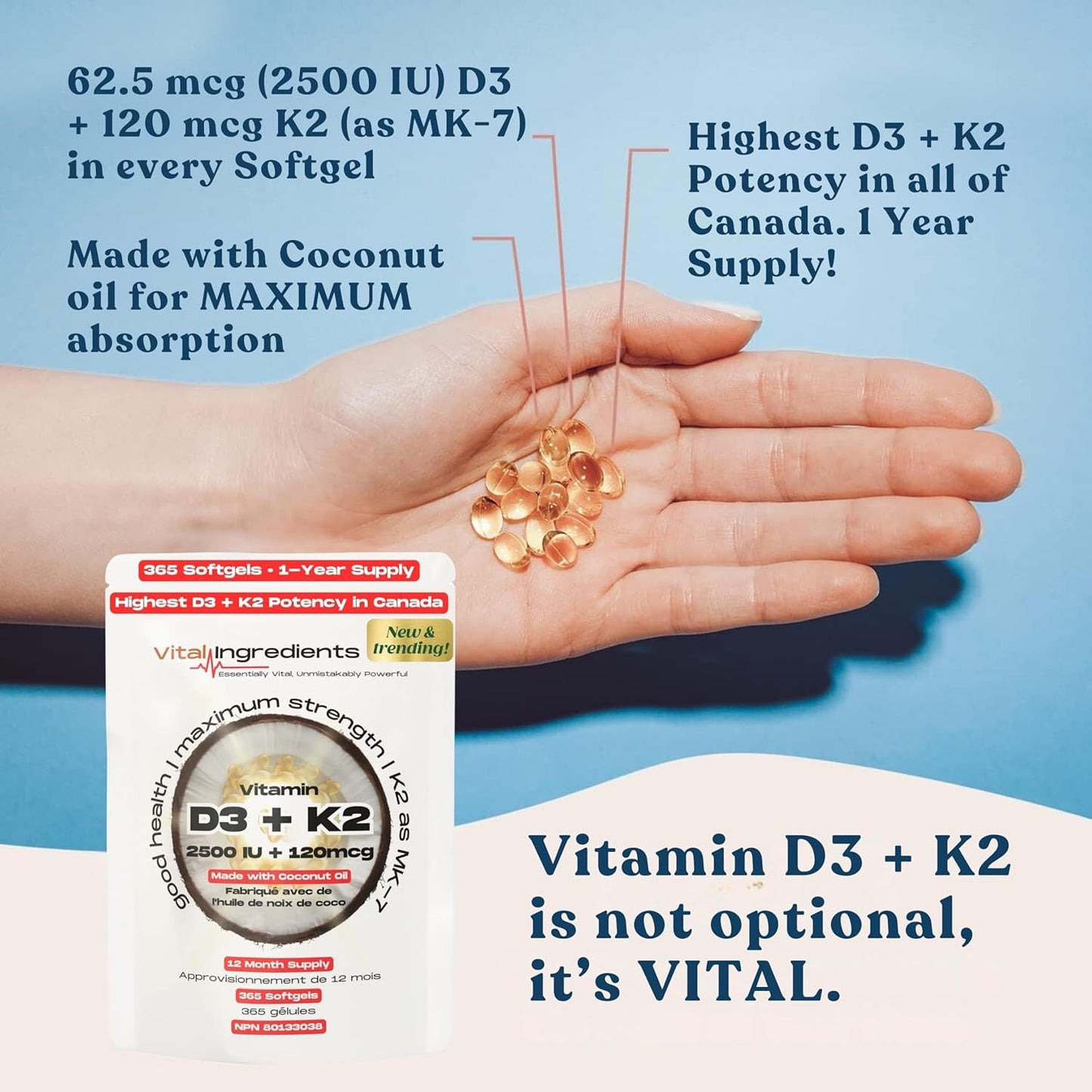 Vital Ingredients Vitamin D3 K2 Softgels